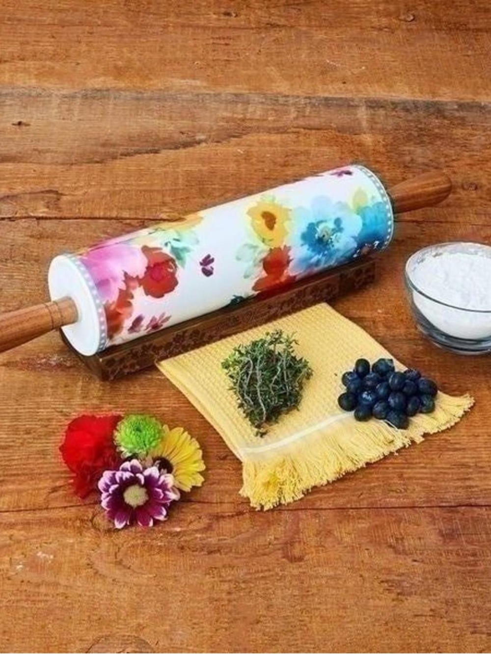 The Pioneer Woman (breezy blossoms) Ceramic Rolling Pin & Base Retired